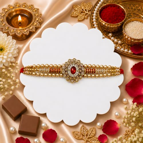 Image of Canton Rakhi Gift Hamper For Brother | Rakhi With Chocolate Gift For Brother | Rakhi With Roli, Tilak & Greeting Card (Design-5)