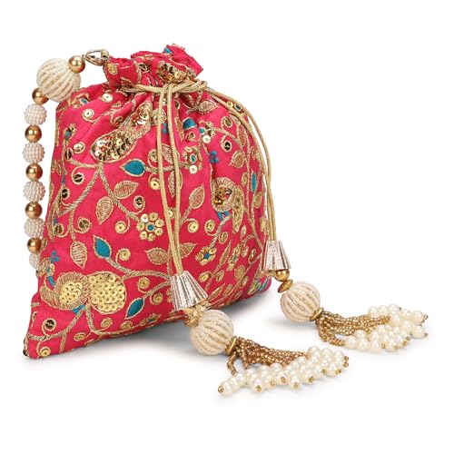 Image of LONGING TO BUY Indian Embroidered Pearl Potli Bag For Women, Sequence Design with Tassel, Wedding Potli Bags