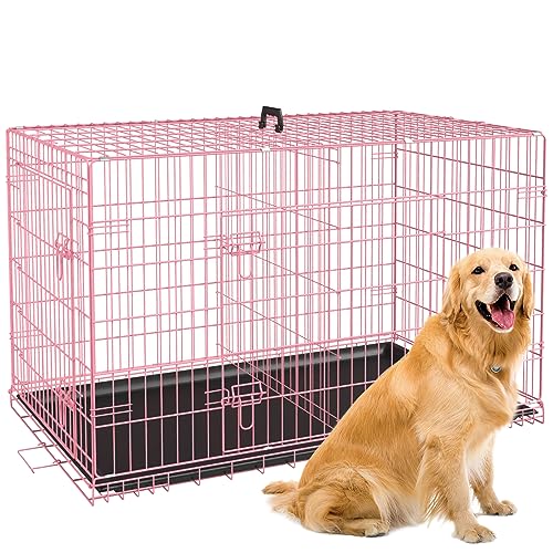 Image of BestPet | Dog Crate | 42 inch | Pink | Foldable Metal Kennel with Double Doors