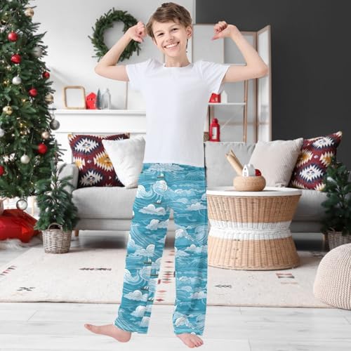 Boy's Pants Sea Wave White Sailboat Jogger Pants Elastic Waist Long Bottoms Trousers with Pockets 6-14 Years2