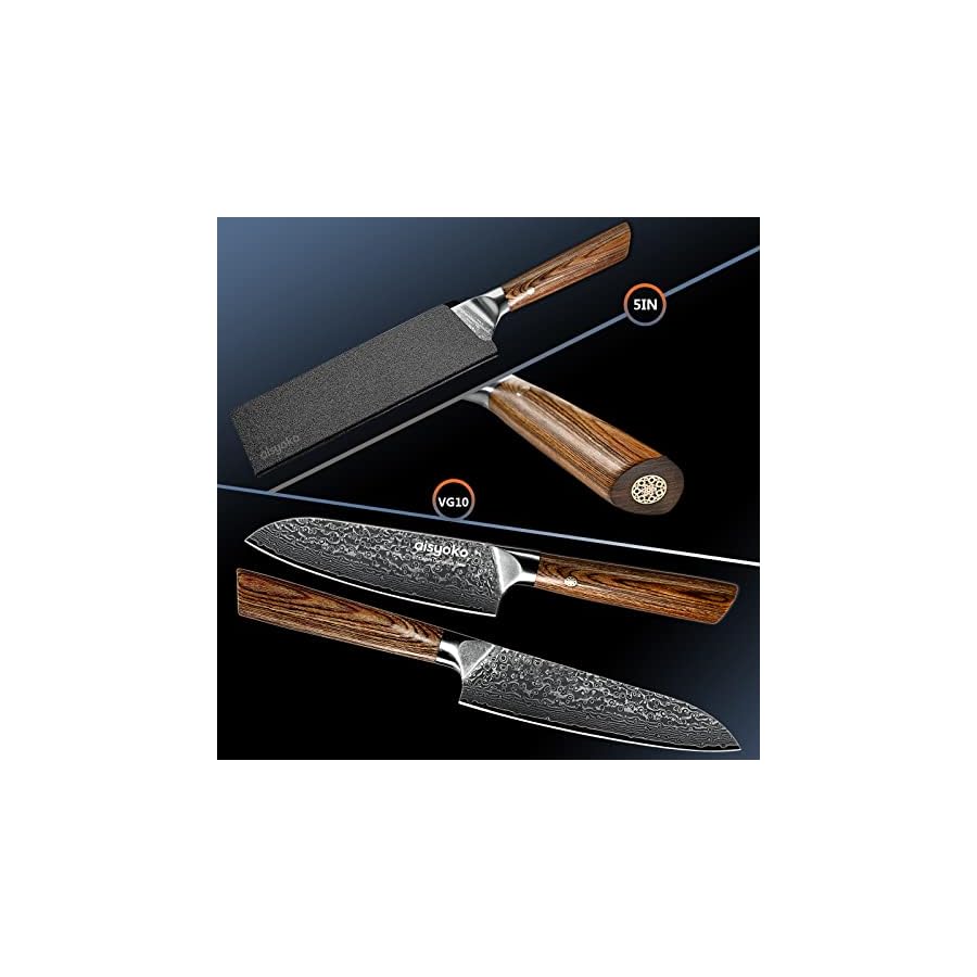 aisyoko Santoku Knife 5 inches-Japan VG-10 Super Steel 67 Layer Damascus Steel-Sharp Kitchen Knife-Luxury Gift Box with Colored Wooden Handle-With Scabbard