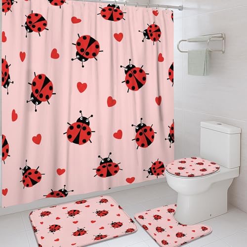 Ensemble de rideau de douche en polyester imperméable avec motif coccinelle et cœur fantaisie, noir, sans rouge, pour salle de bain, baignoire, appartement,...