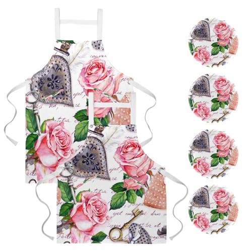 Lot de 2 tabliers de cuisine rose motif plume avec 4 broches