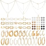 Fzxdfg 56 Pieces Gold Costumes Accessories Set for Women Layered Necklace Knuckle Rings Dainty Earrings Fashion Costume Jewelry Set for Valentine Anniversary (Gold)