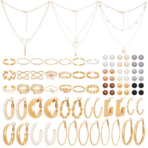 Fzxdfg 56 Pieces Gold Costumes Accessories Set for Women Layered Necklace Knuckle Rings Dainty Earrings Fashion Costume Jewelry Set for Valentine Anniversary (Gold)