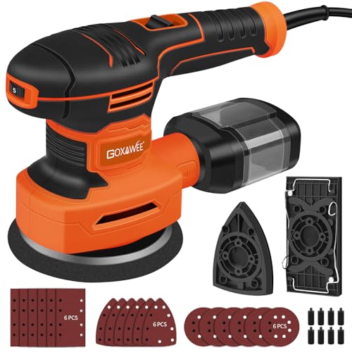 GOXAWEE Lijadora Orbital 3 en 1, 450W 125mm Lijadora Orbital Aleatoria con 6 Velocidades y 3 Modelos de Cabezales de Lijado,...