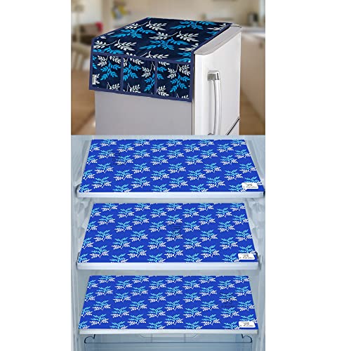 Image of Polyester 3-Layered Fridge Top Cover /Refrigerator Cover with Utility Pockets and Set of 3 Pc Fridge Mats (Color- Leaf Blue, Size-39x21 Inch)