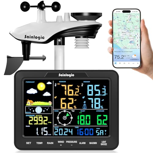 Sainlogic Stazione Meteorologica Intelligente WiFi Senza Fili, Previsione Meteo IA 24/7 Weatherseed®, Allarme App/Email, Anemometro e Pluviometro Digitale, Archivio Dati di 2 Anni