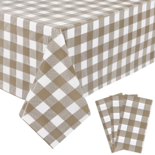 Image of Kesfey Khaki Gingham Tablecloth Fall Brown Checkered Table Cover 3 Packs | 54 x 108 Inches,Khaki Plastic Plaid Tablecloth,Waterproof Rectangle, Disposable Khaki and White Picnic Birthday Table Covers