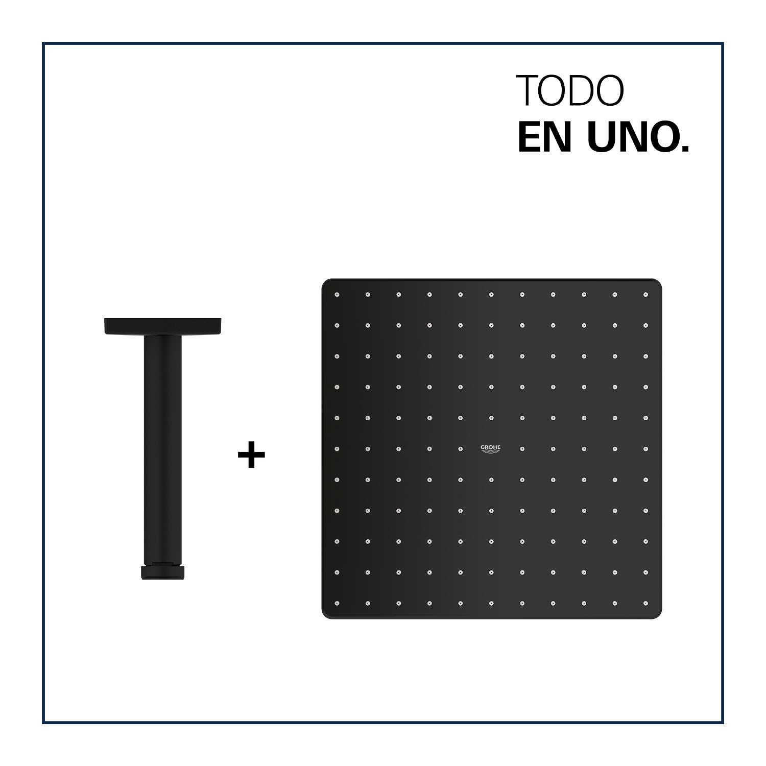 GROHE Rainshower 310 Mono Cube - Conjunto de ducha de techo (Cabezal 310mm, brazo 142mm, chorro PureRain, ahorro de agua), forma cuadrada, Phantom Black (negro mate), 26566KF0
