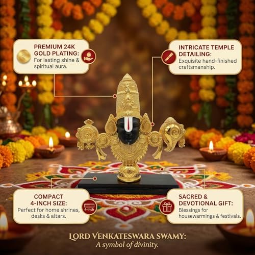 Image of 24K Gold Plated Lord Venkateswara Swamy Idol | Auspicious Tirupati Balaji Murti for Home Temple Decor | Sacred Pooja Room Statue with Wooden Base & Black Face | Spiritual Showpiece.