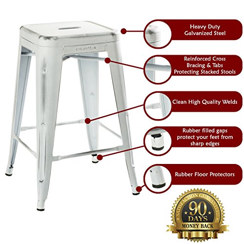 Urbanmod 24” Stool Set Of 4 By Distressed White Rustic Bar Stools -Counter Height Stools 330Lb Capacity Metal Stool Chair – Stackable Indoor/Outdoor Bar Stools For Kitchen Counter And Island #TOP1