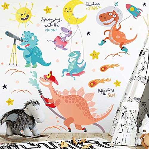 Image of Space Explorer Dinosaur Enjoying in Space with Sun Moon and Stars Wall Stickers for Kids Room Bedroom Door Wall Decoration for Baby Boy Girl Room Bedroom Nursery Playroom Decor-Self-Adhesive