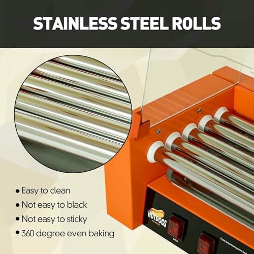 Commercial Hot Dog Roller Grill with Non-Stick Rollers & Removable Drip Tray, Dual Temperature Control for Perfect Sausages, Perfect for Breakfast & Snack Service