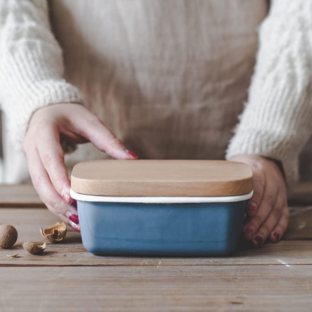 Butter Container Butter Dish, Enamel Butter Container with Wooden Lid, Square Butter Paste Dish Seasoning Dish Kitchen Tableware Supplies for All Types of Butter