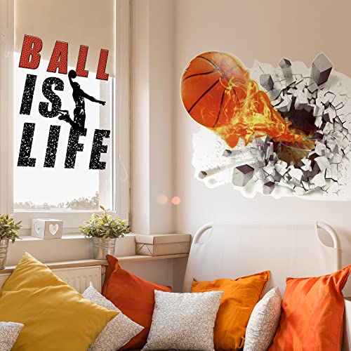 Basketball Wall Decal 3D Self Adhesive Removable Break Through The Wall Vinyl Wall Stickers Ball Is Life Wall Decal Dunk Silhouette Stickers Basketball Room Decor For Boys Bedroom, 18 X 38 Inch #TOP3