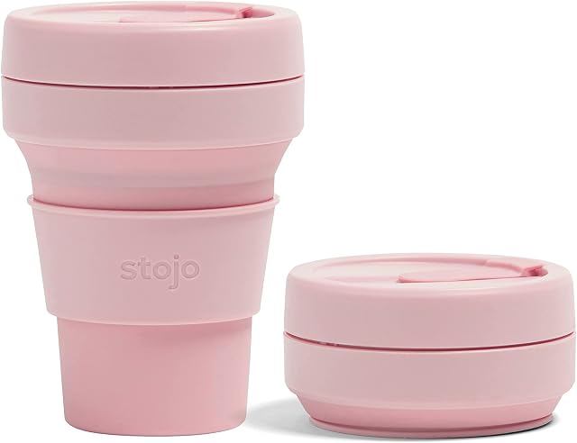 STOJO On-The-Go Collapsible Coffee Cup - 12oz / 355ml - Reusable & Foldable Silicone Travel Mug with Lid - Portable, Pocket Size - Dishwasher Safe - Carnation