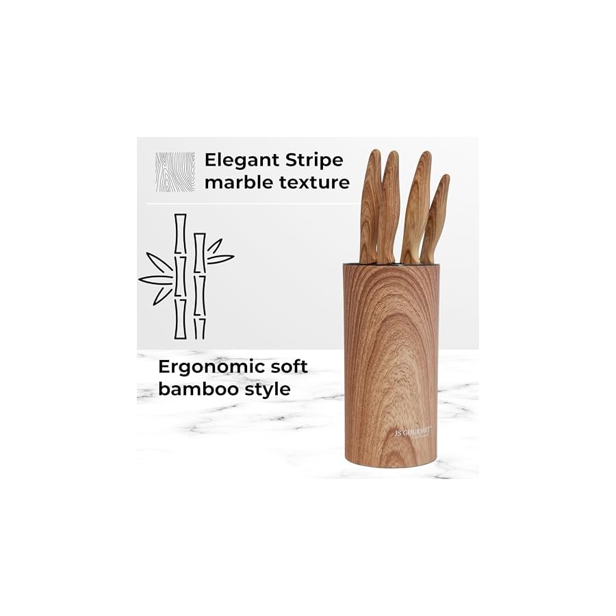 5 Piece Knife Set with Stripe Marble Texture Universal Storage Block for Kitchen, Stainless Steel Knives, Ergonomic Handles, with Chef's, Bread, Slicing, Utility and Paring Knifes