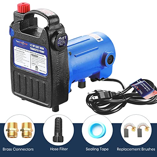 Image of TecHome 1 /2 HP Cast Iron Transfer Pump, 120V 1560GPH Water Pump, High Pressure Transfer Pump with Suction Strainer and Brass Connectors.
