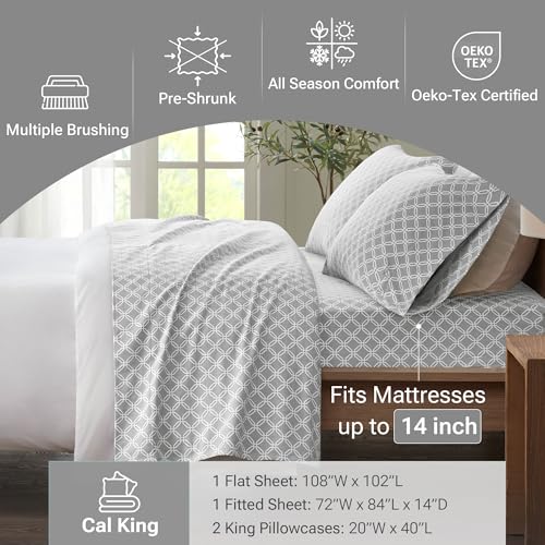 Image of True North by Sleep Philosophy Cozy Flannel Warm 100% Cotton Sheet - Novelty Print Animals Stars Cute Ultra Soft Cold Weather Bedding Set, Cal King, Grey Geo 4 Piece