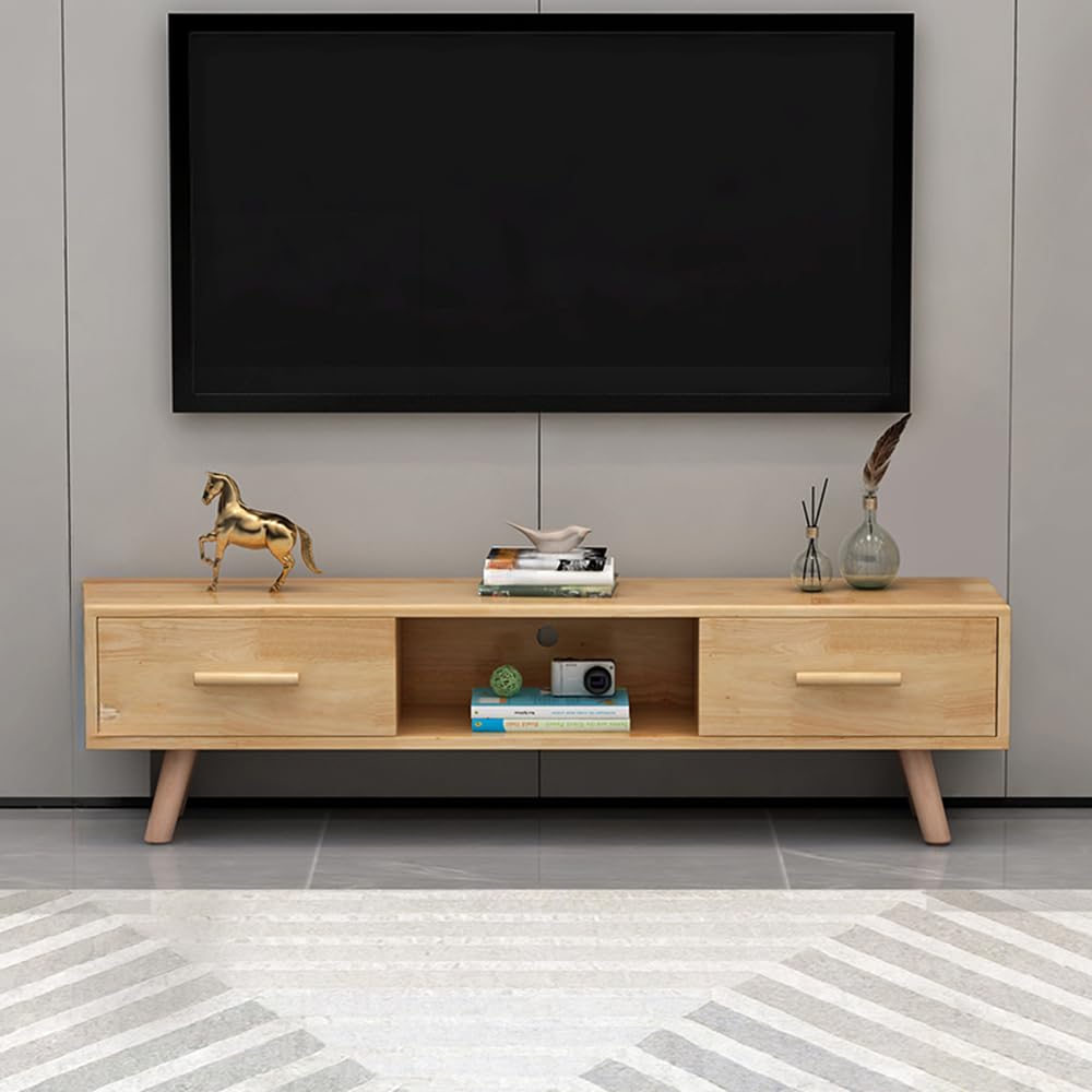 Consola de TV rectangular de madera de caucho con 2 cajones y 1 estante, soporte de TV moderno para juegos y entretenimiento, mueble para equipos multimedia, acabado natural, 47" de largo x 12" de