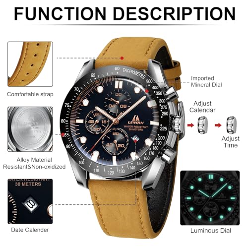 LN LENQIN Mens Watches Analog Quartz Watches for Men 30M Waterproof Men's Wrist Watch Fashion Business Watch with Date Leather Band No Chronograph - Image 5