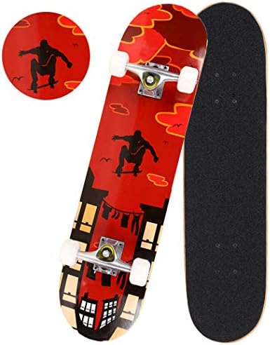 Anfan 31" Pro Complete Skateboard, Adult Tricks Skate Board with 9 Layer Canadian Maple Wood, Double Kick Tail for Beginner Kids Boys Girls 5 Up Years Old (US Stock) (Red Pose)
