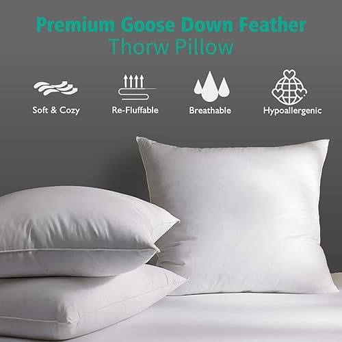 Miniatura 3 de APSMILE Juego de 2 rellenos de almohada de plumón de ganso de 20 x 20 pulgadas, juego de fundas de almohada decorativas de algodón suave de primera