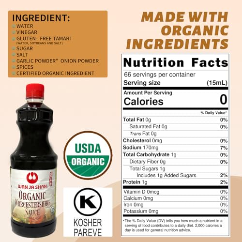 Image of Wan Ja Shan Organic Worcestershire Sauce 33.8oz. USDA Organic, Umami-Rich Flavor | Marinade, Glaze, Dressing & Dipping Sauce | Gluten Free Non GMO, Vegan, Kosher Parve Great for Meats, Vegetables & Stir Fry