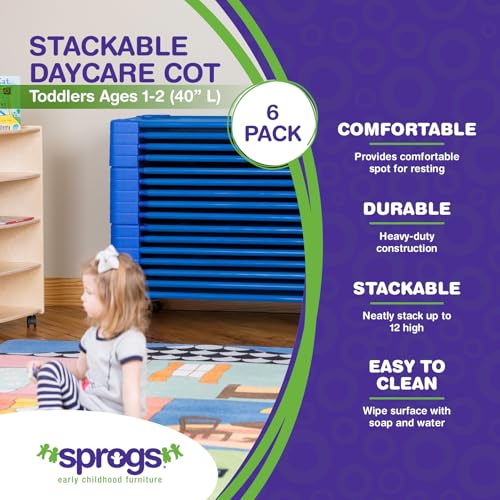 Image of Sprogs Heavy-Duty Stackable 40 inchL Daycare Cots for Toddlers Ages 1 to 2, Stacking Preschool Classroom Toddler Cots for Sleeping, Resting, Naptime, Pack of 6, Blue
