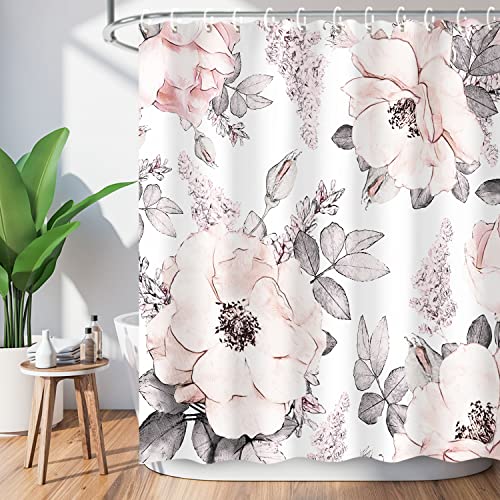 Livilan Pink Gray Flower Shower Curtain, Watercolor Floral Shower Curtains With Hooks White Grey Fabric Blossom Bathroom Decor Machine Washable, 72" W X 72" H #TOP1