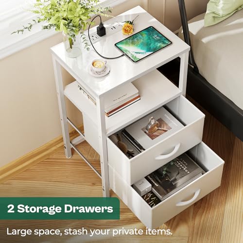 Image of Huuger Nightstand with Charging Station, Side Table with Fabric Drawers | End Table with Open Shelf, Bedside Table with USB Ports and Outlets, Night Stand for Bedroom, Bed Side Table, White
