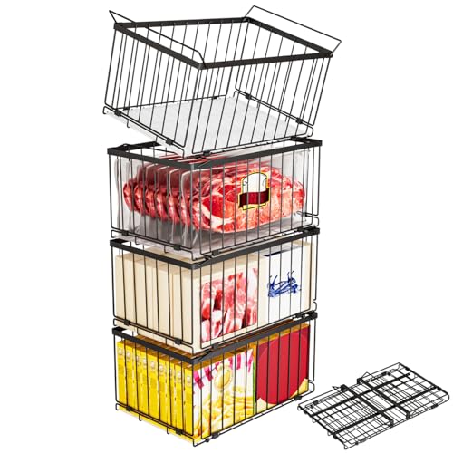 Image of Large Freezer Organizer Bins, Upgrade Quick Expand /Collapse Feature, for 5-9 Cu.Ft Deep Freezer, 4 Pack Stackable Deep Freezer Organizer Bins, Black Wire Foldable Baskets (Black 4 Pack)