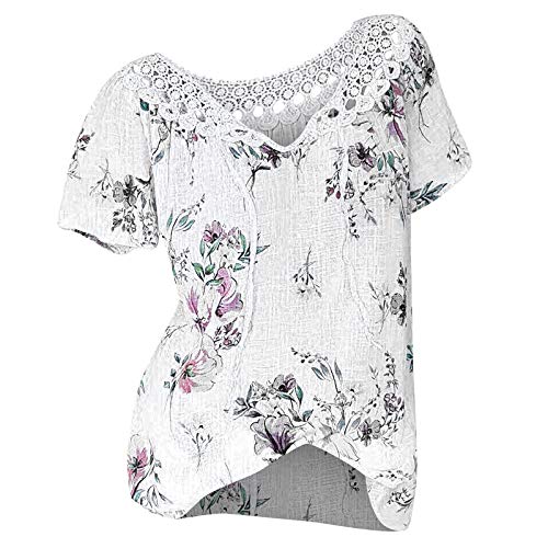 Womens Tops,Womens Short Sleeve Casual Floral Print Plus Size Summer Tops Sexy Deep V-Neck Loose Tshirts Blouse White