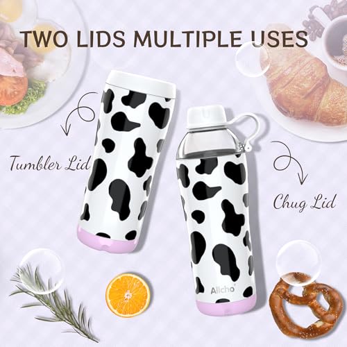 Image of Cow Insulated Water Bottle for Women, 18 oz Stainless Steel Water Bottles, Double Walled, 2 Lids (Chug & Tumbler) - Hydrate & Caffeinate, Available Gift Wrapping