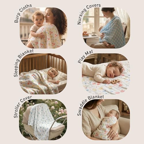 Image of GLLQUEN BABY Muslin Swaddle Blankets 4-Pack Breathable Receiving Blankets (35 inch x 40 inch) Soft Baby Blankets for Girls and Boys Newborn Essentials Muslin Swaddle Wrap Baby Gift(Azure Berry Dream)