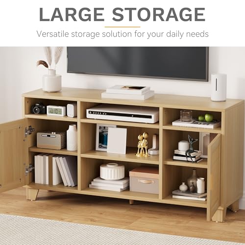 DWVO Rattan TV Stand for TVs up to 65 Inch, Entertainment Center with Rattan Door, Boho Media Console with Adjustable Shelf, 1 Solid Wood Feet, TV Stands for Living Room
