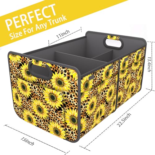 Image of Homeve Car Trunk Organizer for SUV, 18.5Gal Large Capacity No-Sag Heavy Duty, Foldable Waterproof Anti-Slip Storage with 12 Pockets, Fit Sedan, Truck, Universal Car Accessories,Sunflower Leopard Print