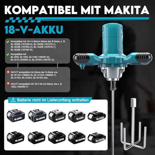 Akku Farbmörtelrührer Kompatibel mit Makita Batterie,Brushless 3200W Rührwerk Zementmischer, 6-Gang-Getriebe, Arretierbarer Schalter,Industriemischer für Farbe,Gips,Zement,Mörtel(ohne Akku)