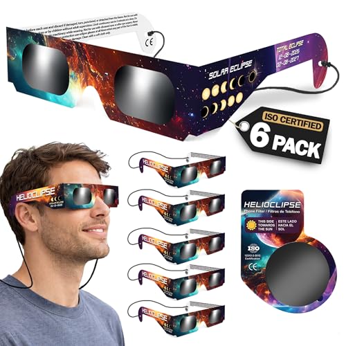 Helioclipse 6 Pack Solar Eclipse Glasses 2026 - Trusted for Direct Solar Eclipse Viewing - Iso 12312-2 & Ce Certified - Bonus 1x Phone Filter