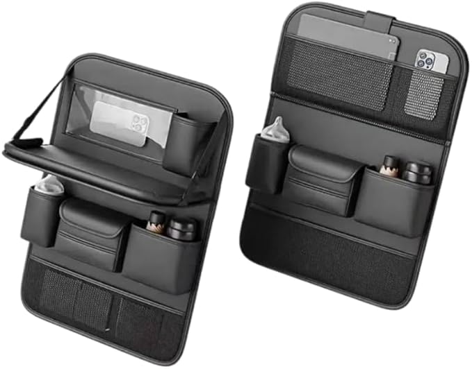 Car Seat Back Organizer for VW Golf Sportsvan, Leather Car Backseat Organizer - Backseat Car Organizer with Foldable Table Tray & Cup Holder, Road Trip Essentials,Black4pcs