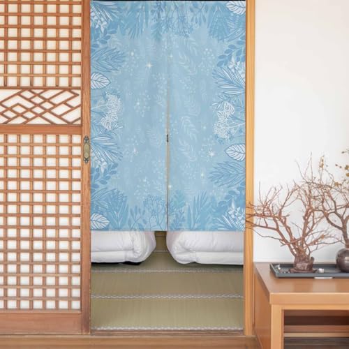 Sauoromeon のれん カーテン 幅110x丈180cm 厚手 遮光 暖簾 ドアカーテン 仕切り 目隠し 通気性 和風 おしゃれ フラット リング対応 ひも付き 現代 冬 シンプル 植物 シルエット 葉っぱ 青 勝手口 玄関 キッチン リビング 春夏