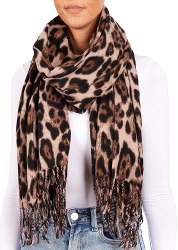 BRUBAKER Cashmirillo Damen Schal mit Leoparden Muster - 70 x 200 cm - Warm, Kuschelig und Oversized - Leo Damenschal für Herbst und Winter - Winterschal mit weichem...
