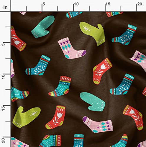 Image of Soimoi Brown Polyester Crepe Fabric Socks & Gloves Folk Art Printed Fabric 1 Meter 42 Inch Wide