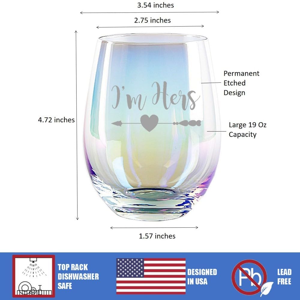 Lesbian Couple Valentines Day Gifts, Engraved Rainbow Wine Glasses She’s Mine, I’m Hers Lesbian Anniversary & Wedding Gift Set