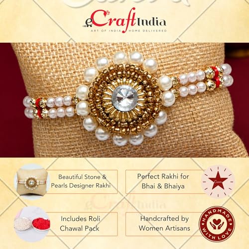 Image of eCraftIndia Pearl Designer Rakhi for Brother with Best Bro Ever Fridge Magnet & Roli Chawal Pack | Raksha Bandhan Rakhi for Bhaiya Bhai |