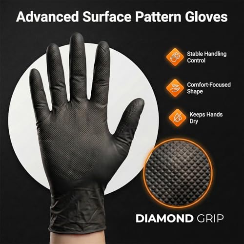 50 Stück, Einweghandschuhe XL, Diamant Grip - Schwarz Einmalhandschuhe, Puderfrei & Latexfrei, Extra Dicke und Starke Nitrilhandschuhe, Mechaniker Handschuhee für Werkstatt, Kfz & Industrie