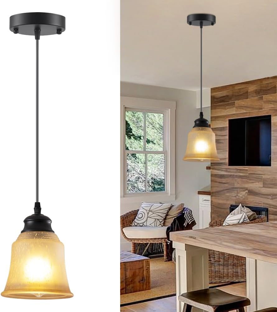 Glass Pendant Lights Kitchen Island, Vintage Pendant Light Fixtures with Hand-Blown Amber Glass, Farmhouse Modern Hanging Light for Kitchen Sink Dining Room Bedroom