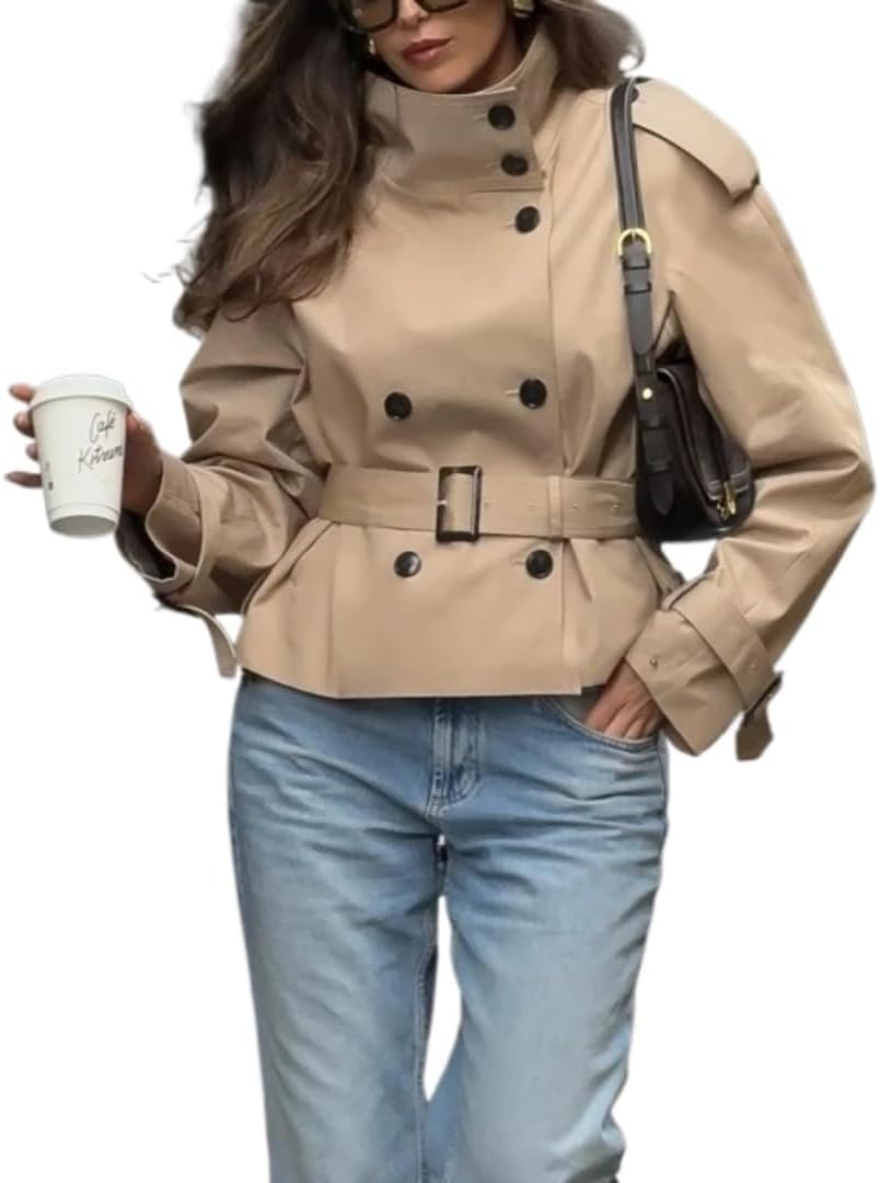 Women's Short Trench Coat, Double Breasted Belted Windbreaker, Winter Outdoor Water-Resistant Jacket in Outerwear
