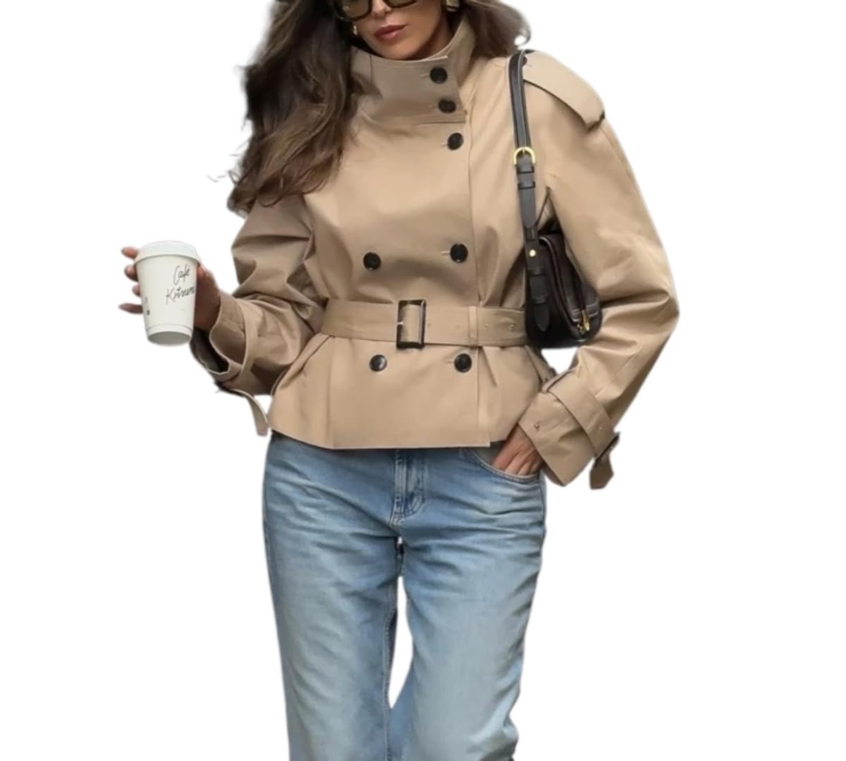 Womens Short Trench Coat Double Breasted Belted Windbreaker Winter Outdoor Water-Resistant Jacket in Outerwear
